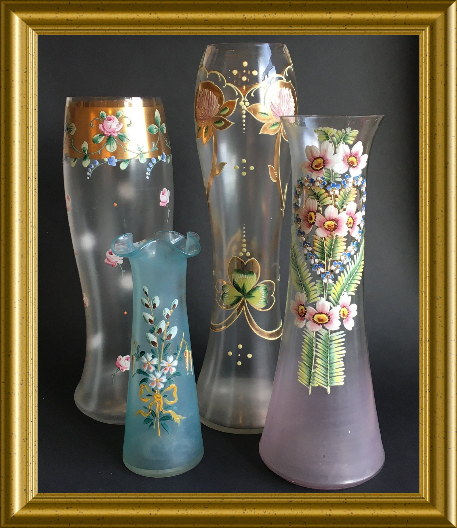 Antique Pink Glass Vase With Enamel Painted Flowers Etsy