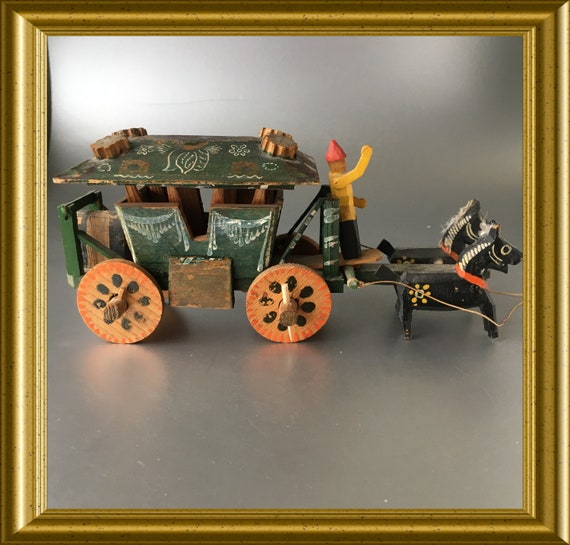 Vintage wooden hand painted toy horse and wagon, Berchtesgaden