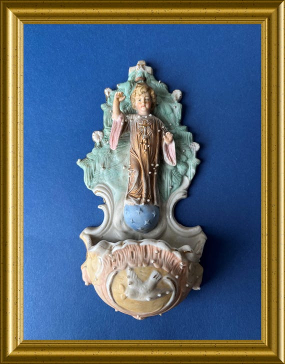 Antique bisque porcelain holy water font: Jesus on a globe in front of a Christmas tree