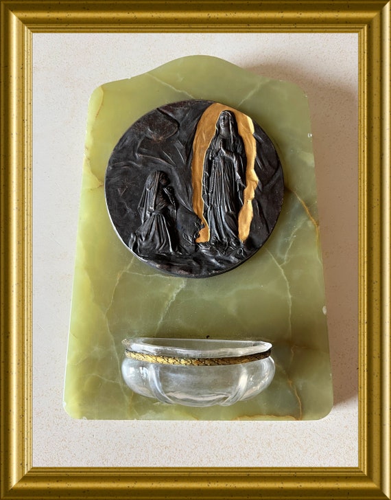 Antique holy water font: onyx, Holy Mary, Lourdes