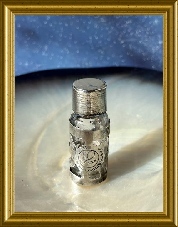 Charming vintage miniature glass perfume bottle with petit point embroidery