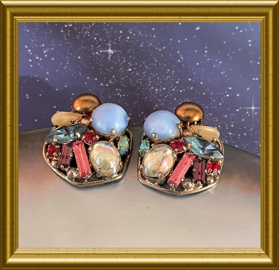 Vintage multicolor strass clip on earrings
