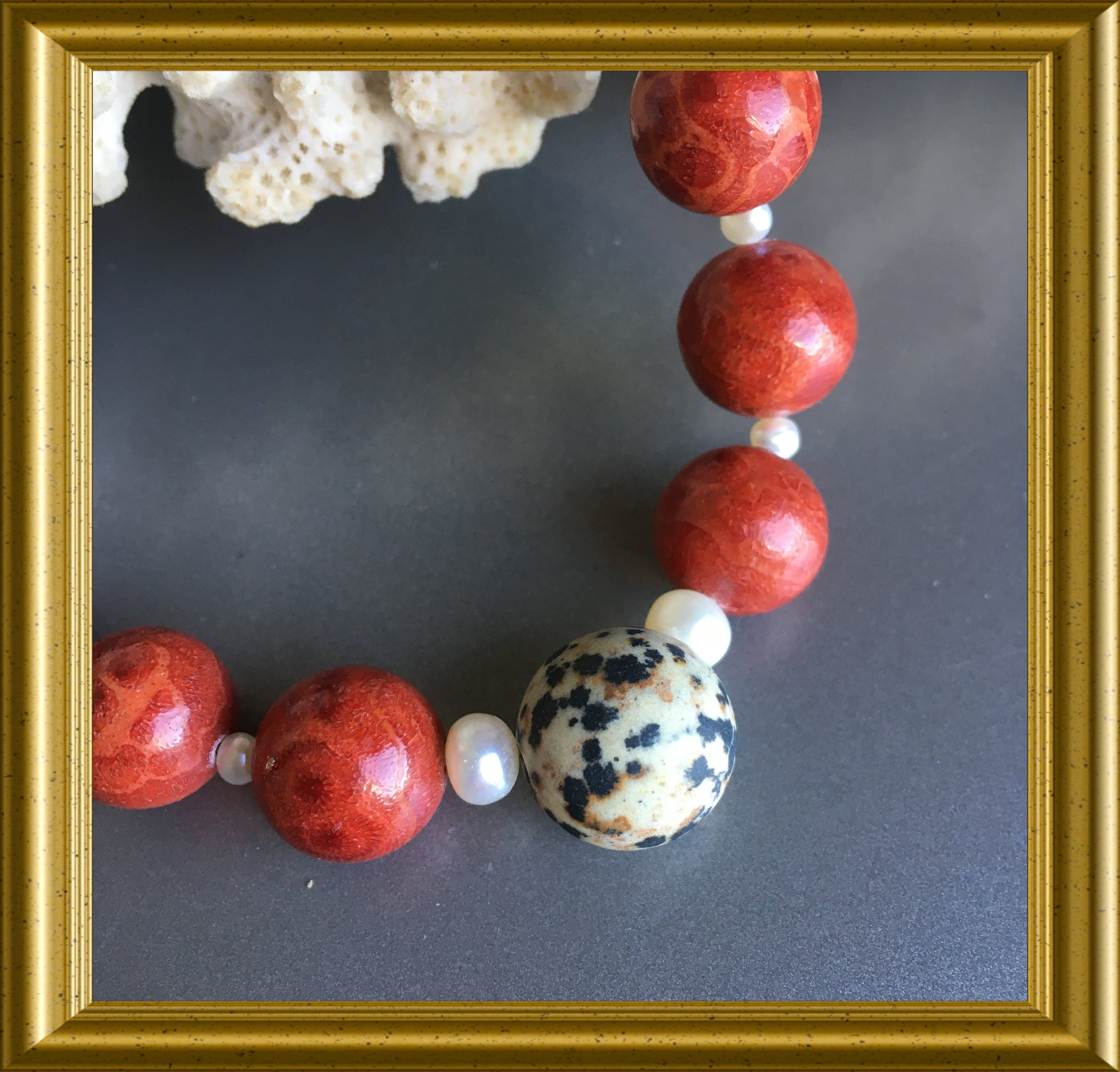 Sponge coral necklace with pearls and dalmatian jasper bead