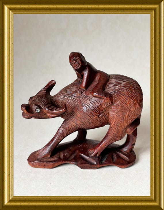Vintage small wood carved figurine: water buffalo