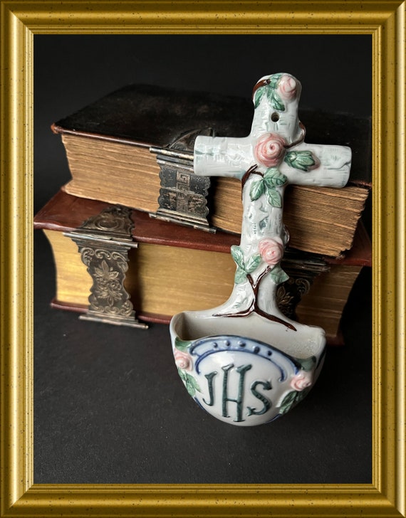 Antique porcelain holy water font: cross, roses, IHS