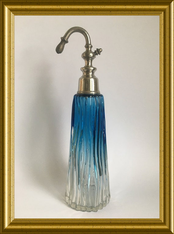 Lovely art deco blue glass perfume bottle atomizer without bulb puffer