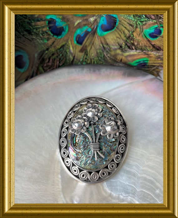 Large vintage sterling silver brooch: flowers on mother-of-pearl / abalone.