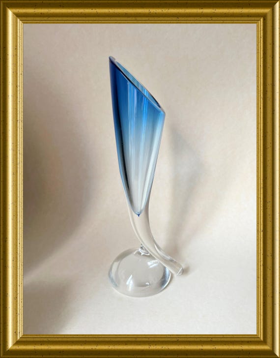 Vintage blue crystal cornucopia vase: signed Val st. Lambert, Beatrice, 1962