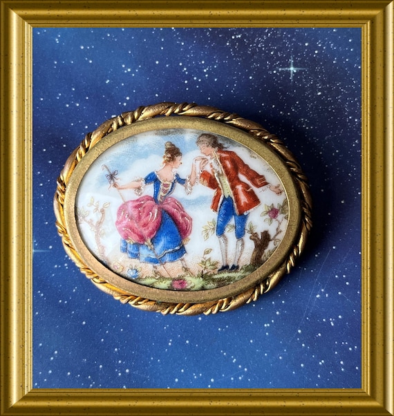 Vintage large French hand painted porcelain brooch: Limoge