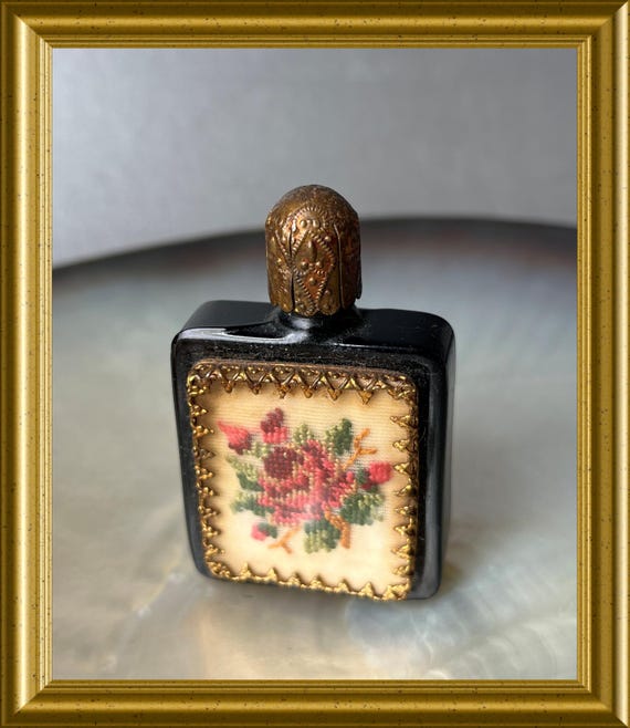 Charming vintage miniature glass perfume bottle with petit point embroidery