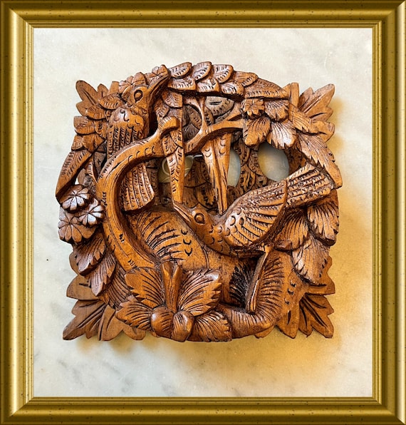 Vintage small 3D Asian wood carving: wooden wall hanging, birds