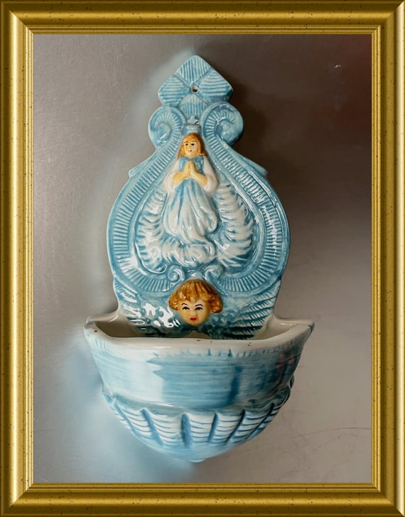 Vintage blue ceramic holy water font: Mary, angel