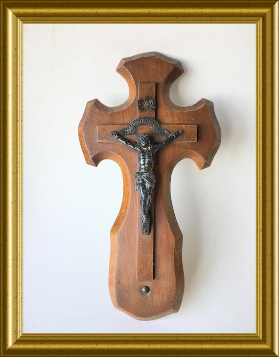 Antique wooden cross: crucifix, Jesus Christ, INRI, Lourdes