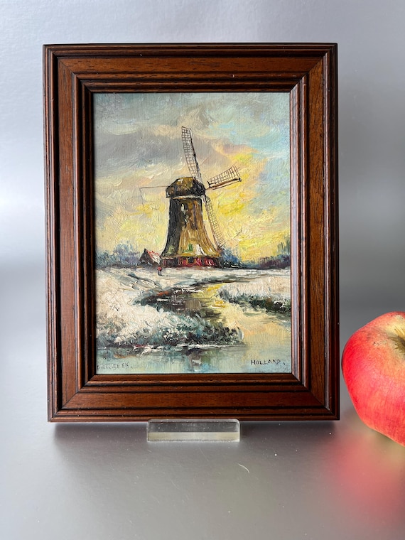 Vintage small frame: signed painting windmill, Dutch landscape, Piet v. Beek