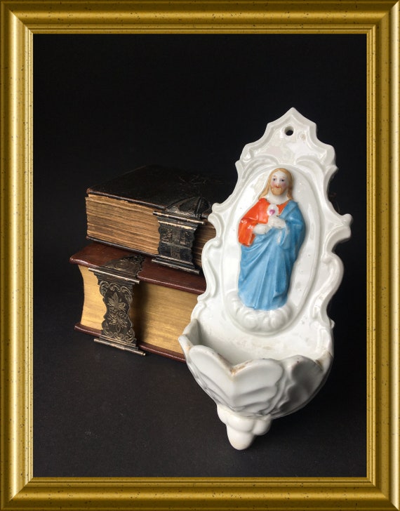 Antique porcelain holy water font: Jesus Christ, sacred heart