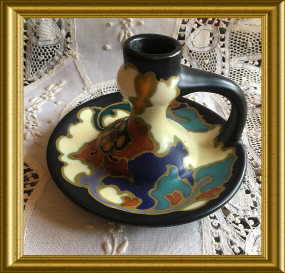 Vintage art pottery chamberstick/ candle holder: Regina Gouda art pottery, decoration Rosario