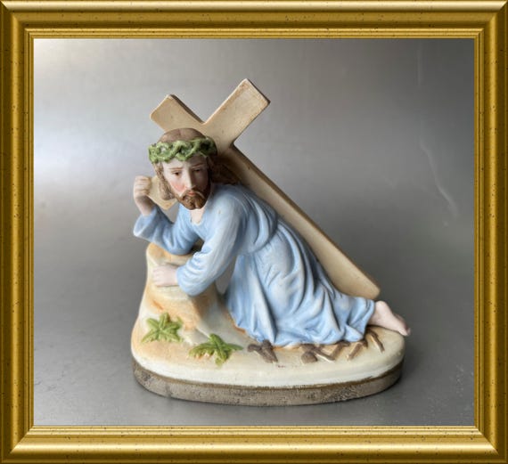 Antique bisque porcelain figurine: Jesus carrying cross