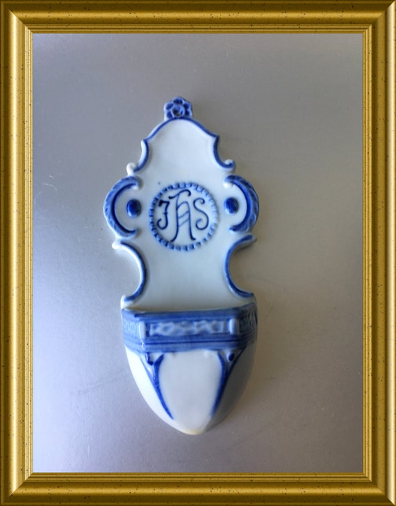 Antique blue and white porcelain holy water font: IHS