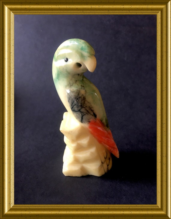 Vintage stone bird figurine: parrot/ parakeet