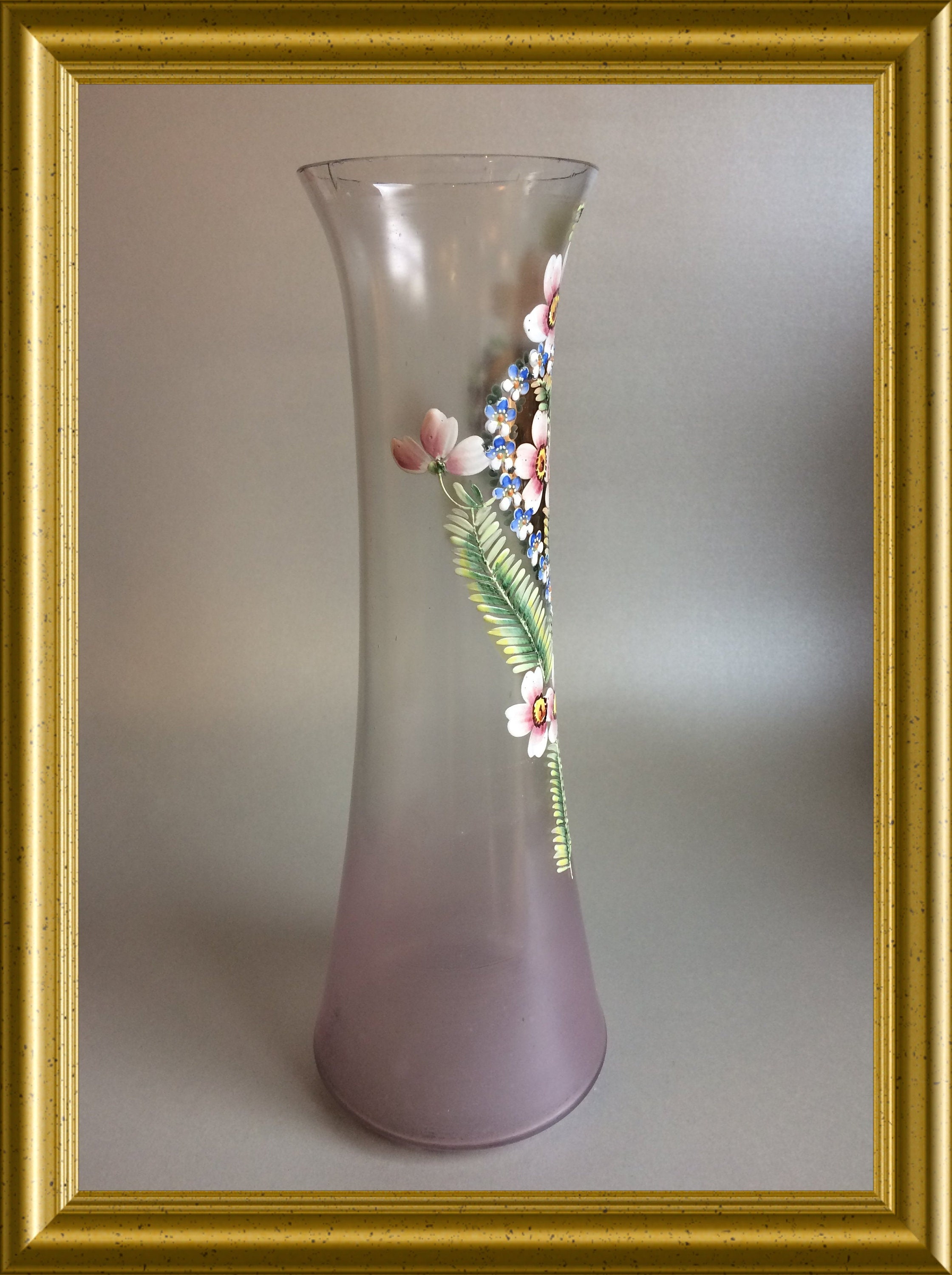 Antique Pink Glass Vase With Enamel Painted Flowers