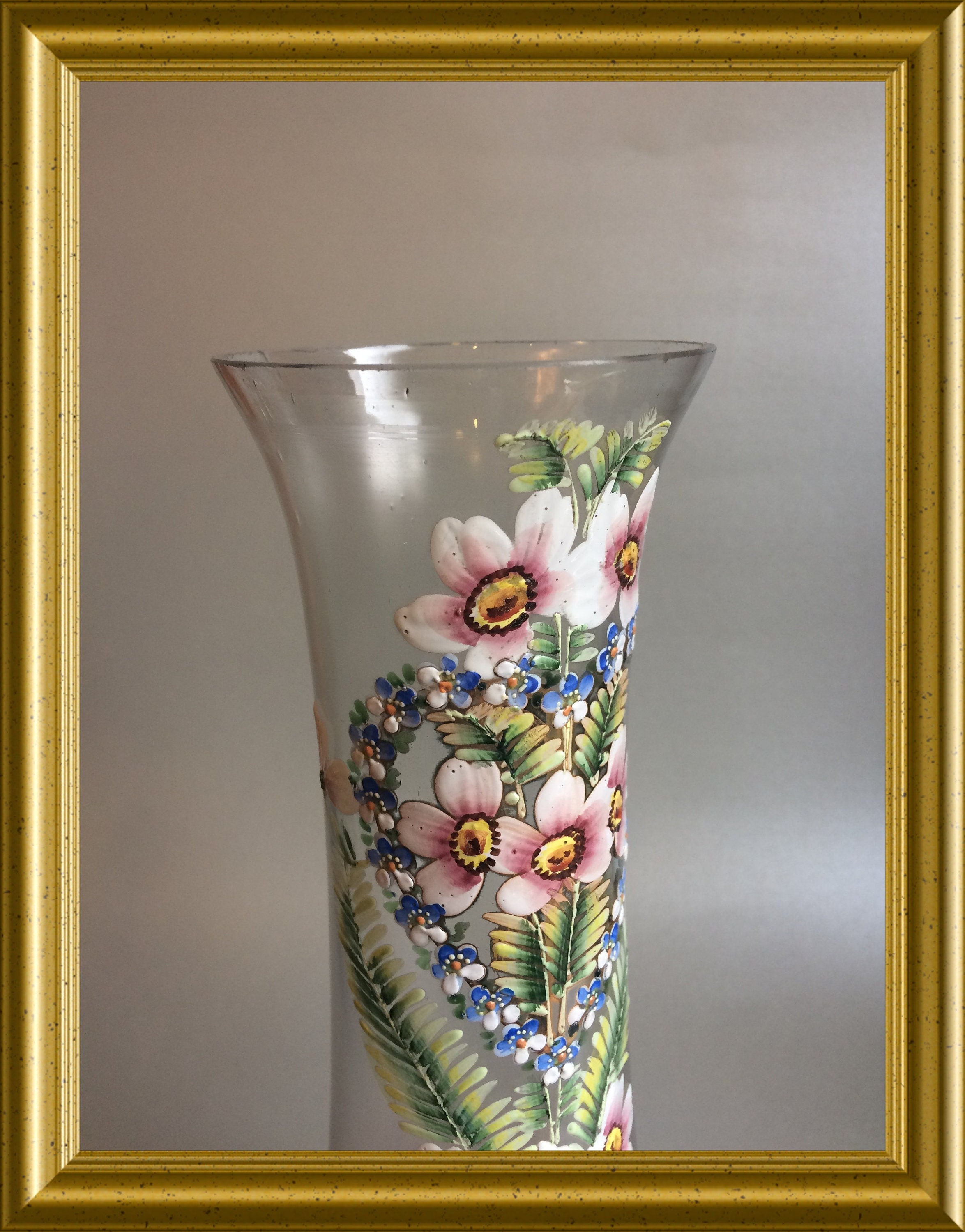 Antique pink glass vase with enamel painted flowers
