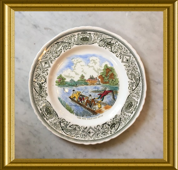 Vintage English Mason plate: fishermen, Mason Angling series
