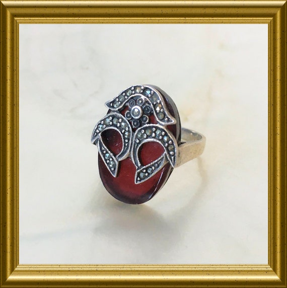 Beautiful silver ring with carnelian and marcasite