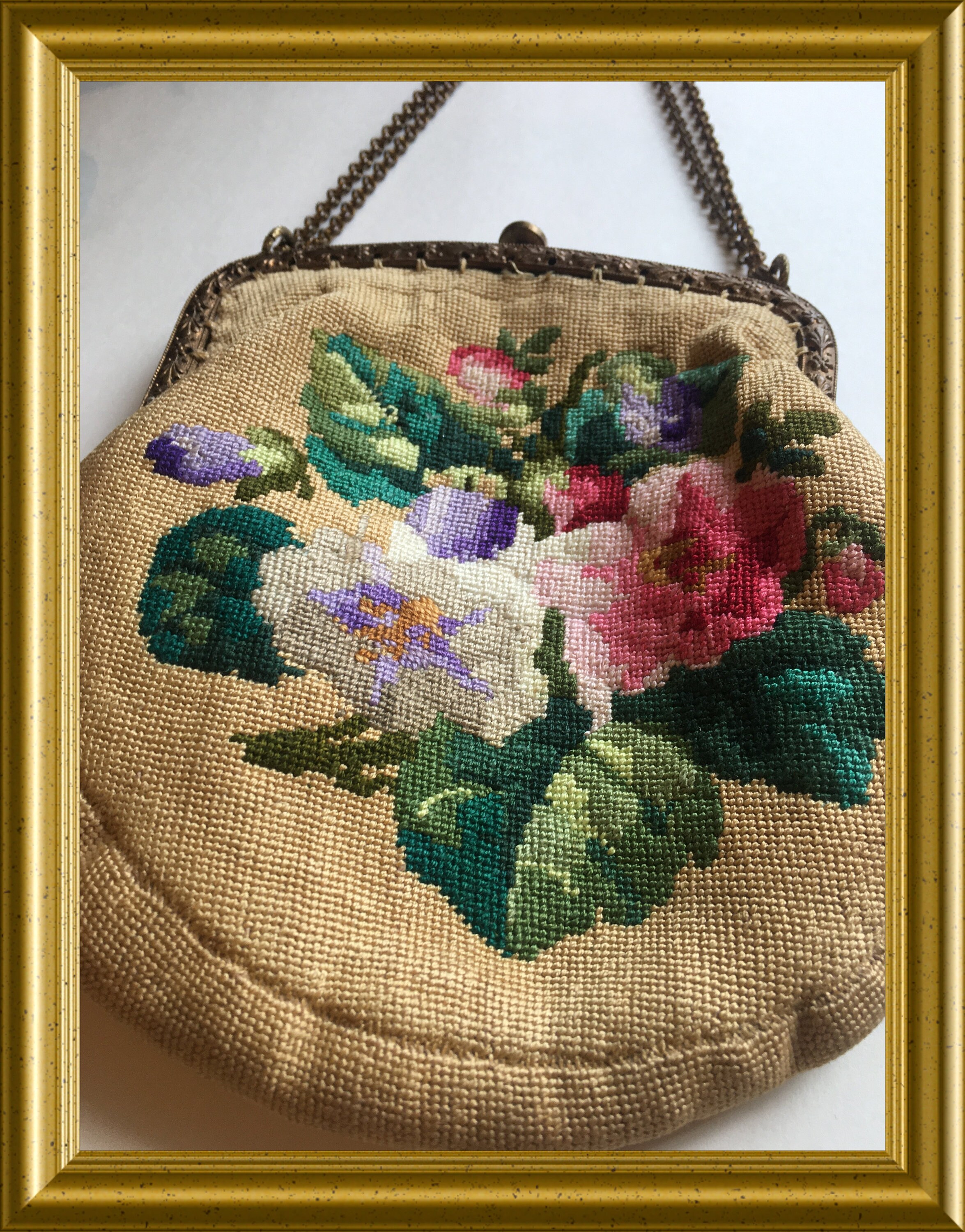 Antique gobelin purse, handbag, flowers