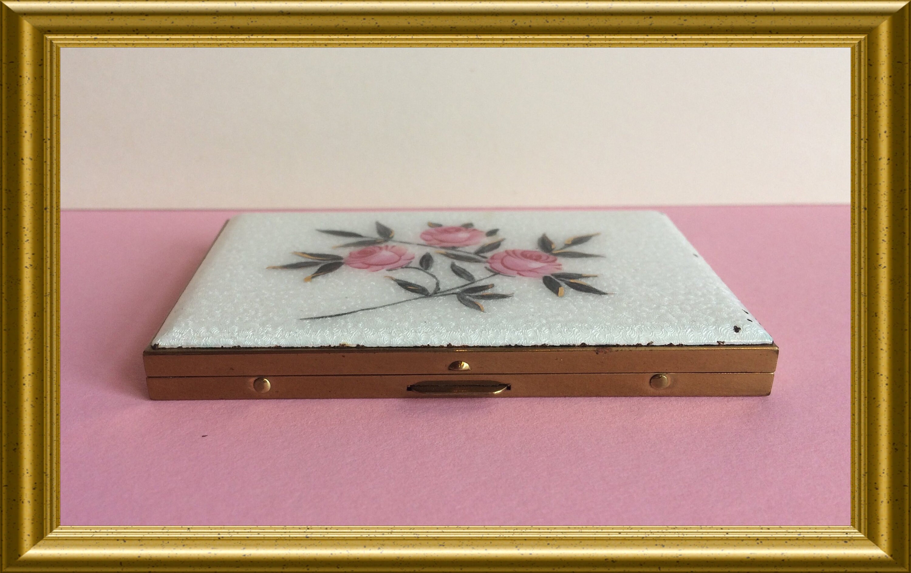 Vintage business card case, guilloche enamel rose