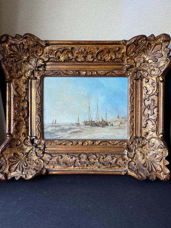 Pick up only: Vintage signed painting  Scheveningen beach, ship, boat