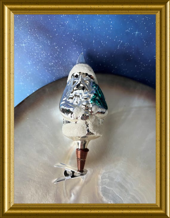 Antique glass Christmas ornament: clip on Santa with christmas tree
