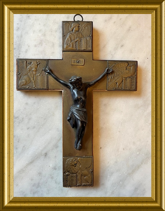 Antique wooden cross: crucifix, Jesus Christ, INRI, 4 evangelists
