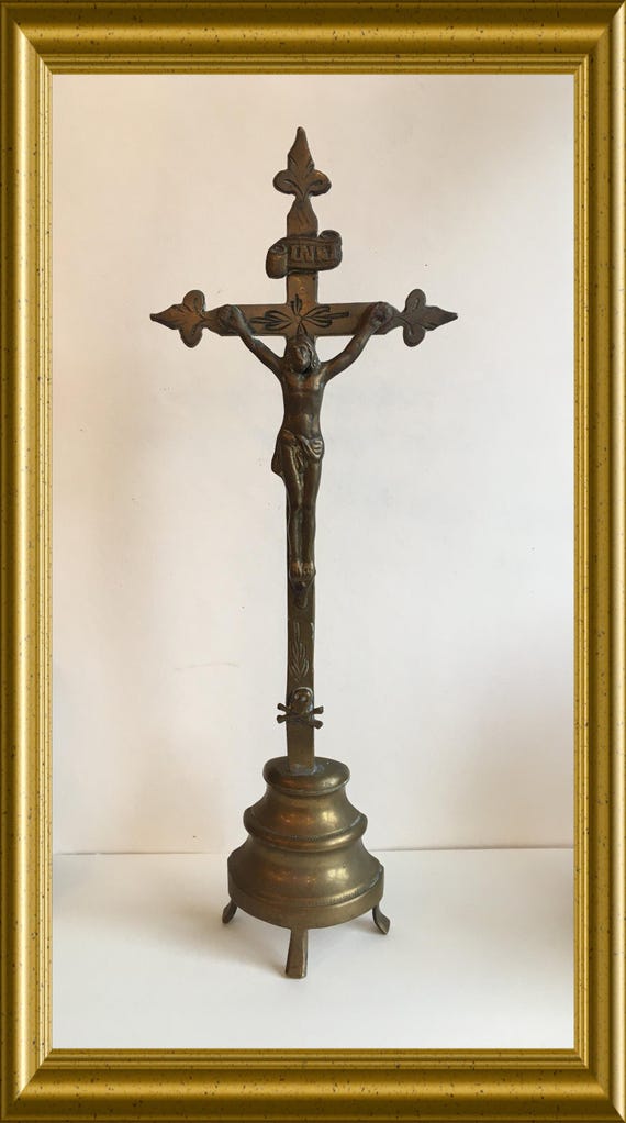 Antique brass standing cross, crucifix