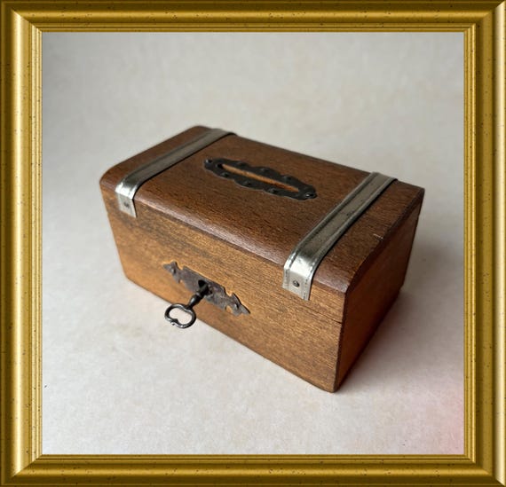 Vintage wooden money bank, money box with key