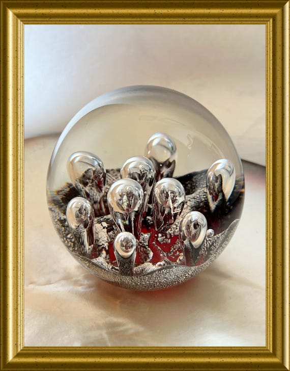 Vintage glass paperweight: red, silver, bubbles