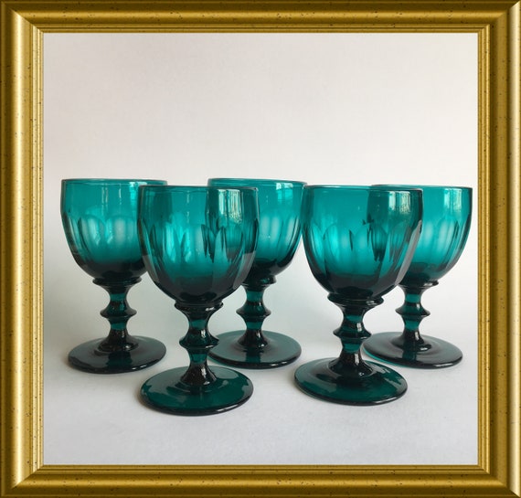 Antique facet cut blue/ green drinking glass: 5 pieces