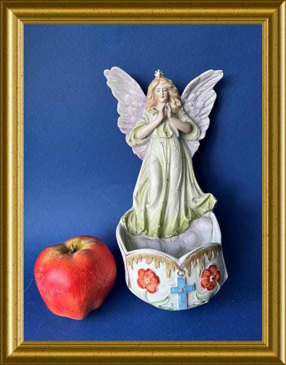 Antique large bisque porcelain holy water font: angel