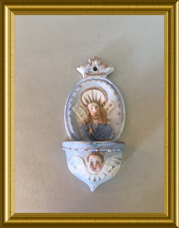 Antique small bisque porcelain holy water font: Jesus, angel