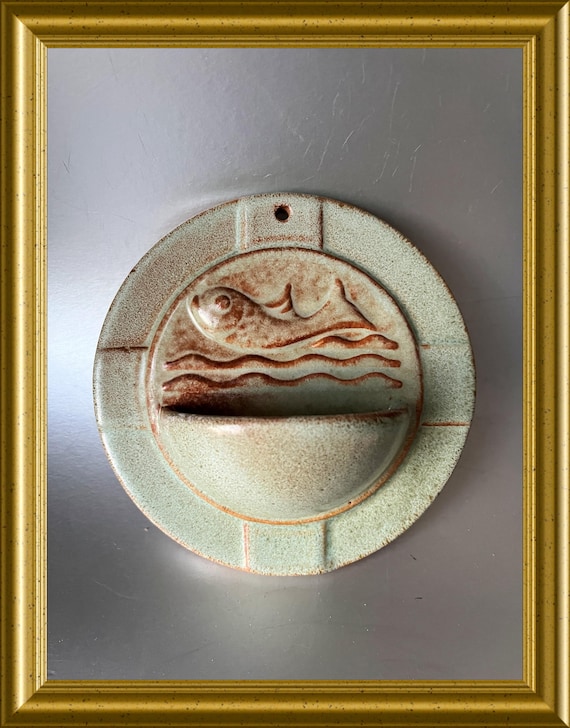 Vintage ceramic holy water font: fish, Wim Visser, Sphinx Maastricht