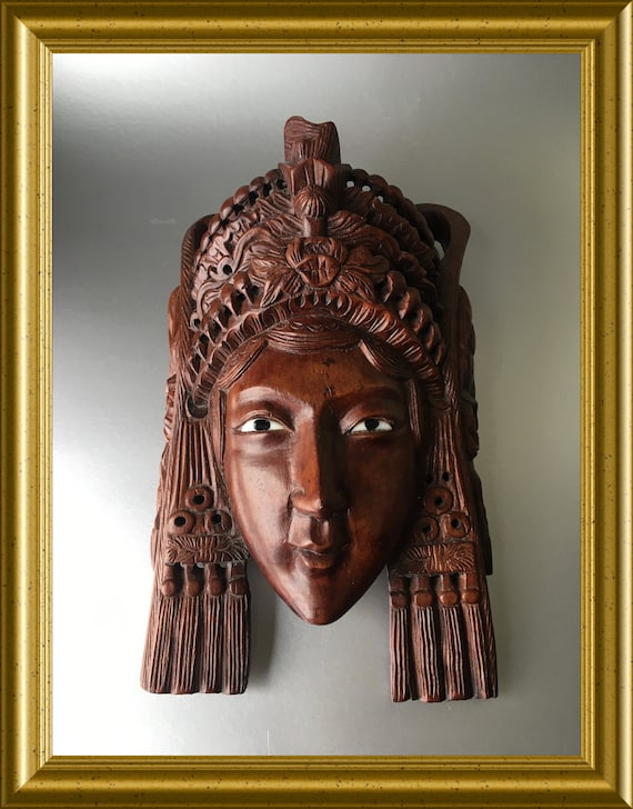 Gorgeous Asian wood carving: wooden mask woman/ queen/ empress with glass eyes