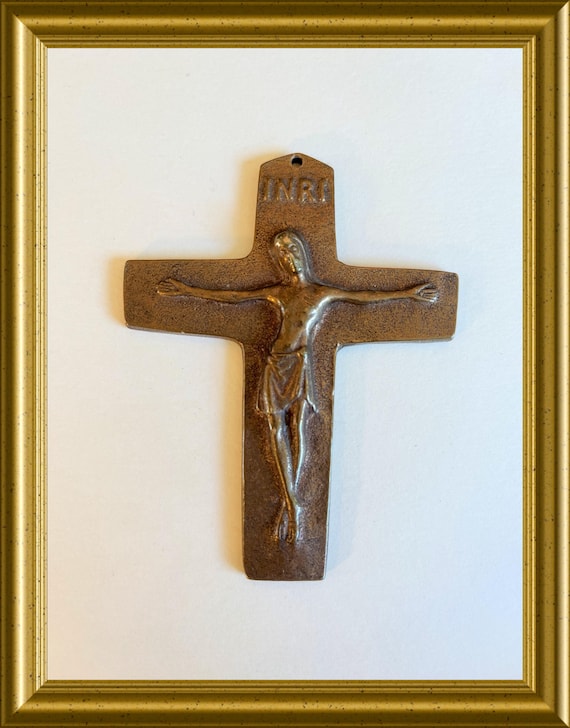Vintage brass/ bronze plaque: cross, crucifix, Butzon & Bercker
