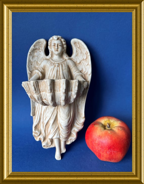 Antique large bisque porcelain holy water font: angel