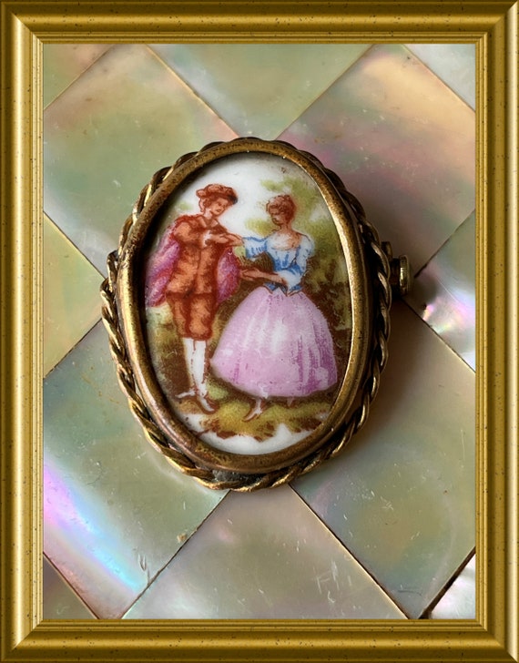 Vintage small French porcelain portrait brooch: Limoge