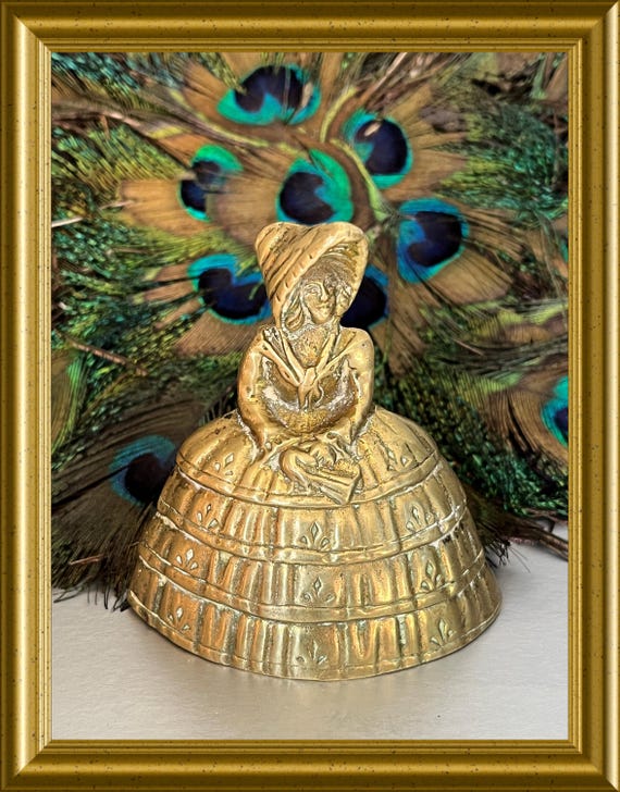 Vintage small brass table bell : crinoline lady