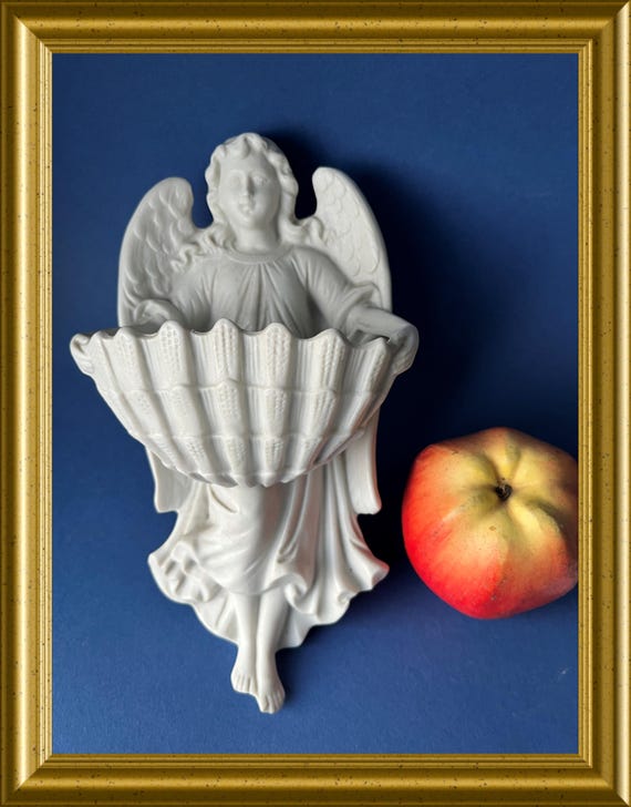 Antique large bisque porcelain holy water font: angel