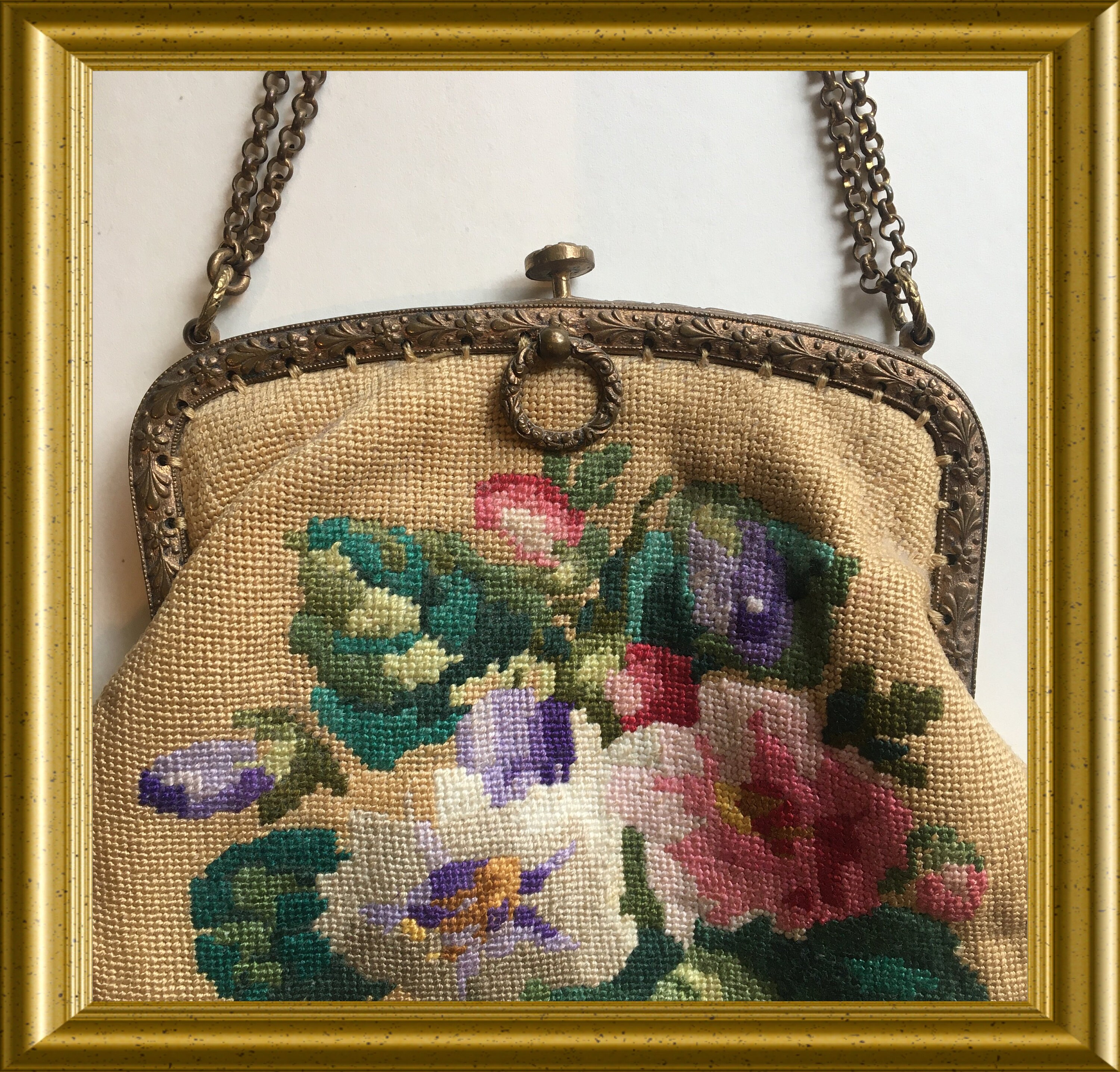 Antique gobelin purse, handbag, flowers