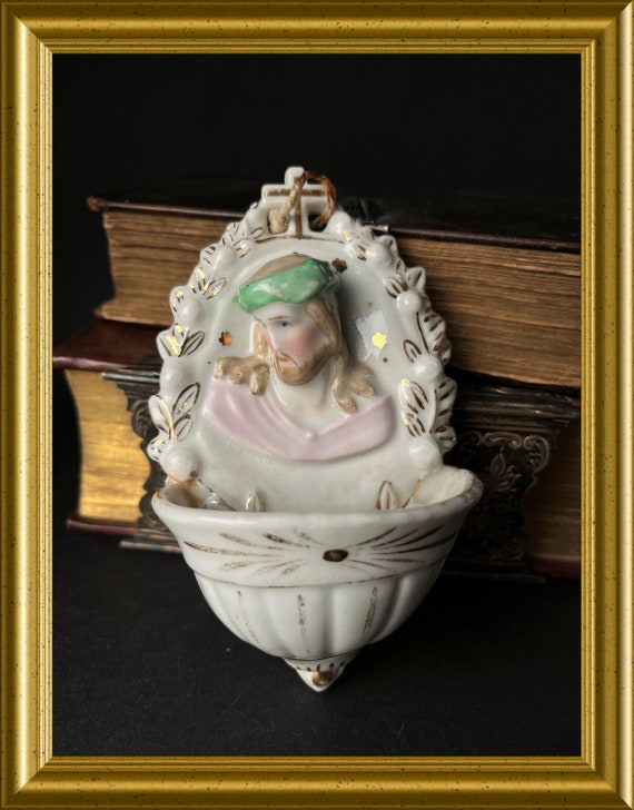 Antique porcelain holy water font: Jesus Christ