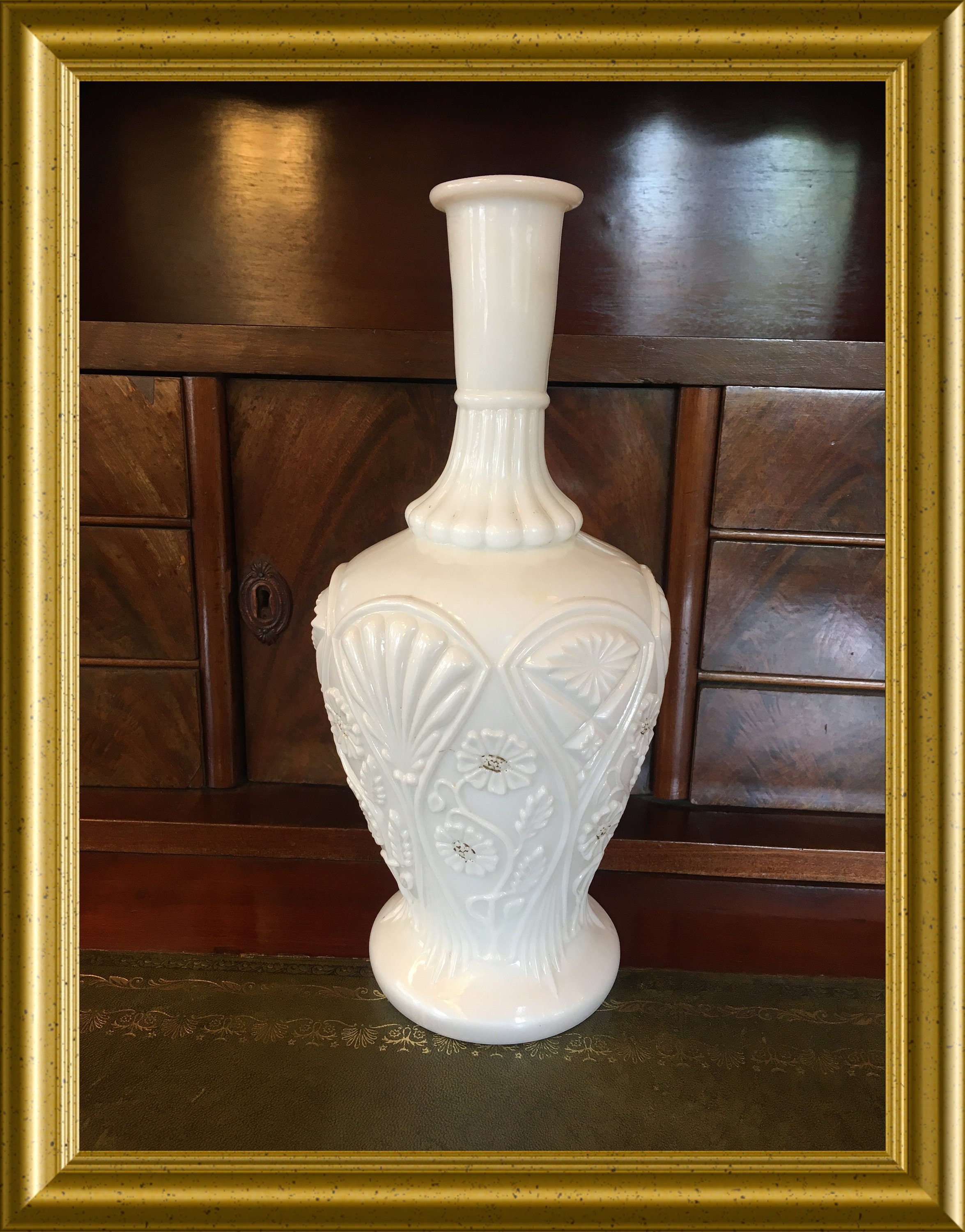 Antique white milk glass vase, pressed glass