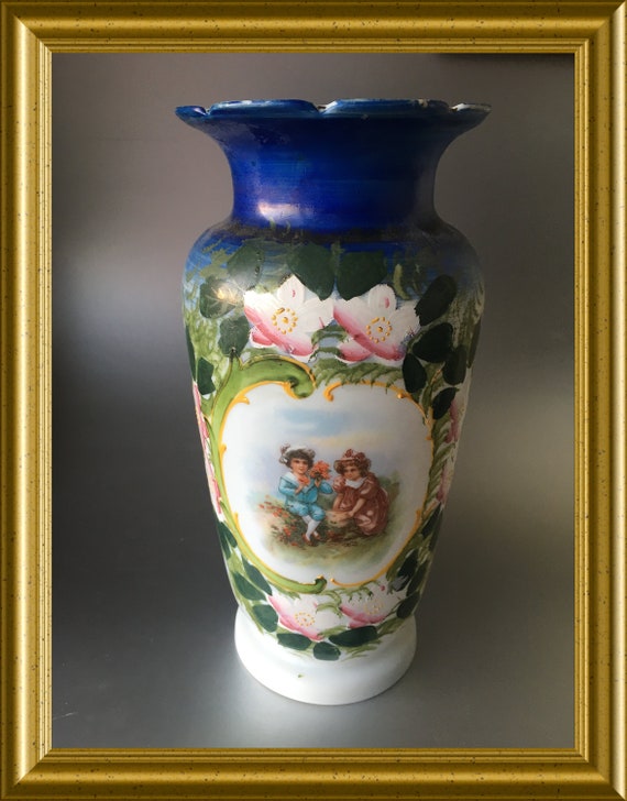 Antique opaline glass vase: children