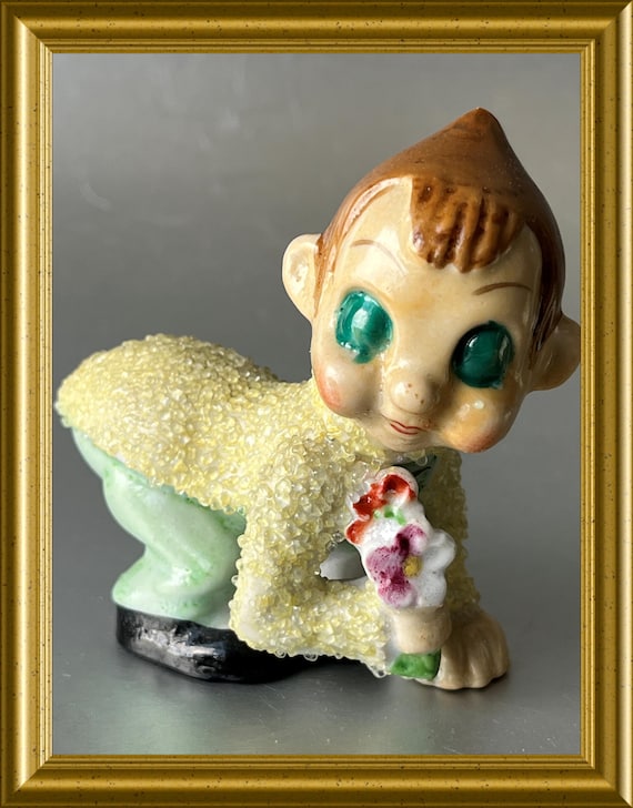Anthropomorphic cricket grasshopper boy figurine green eyed Japan